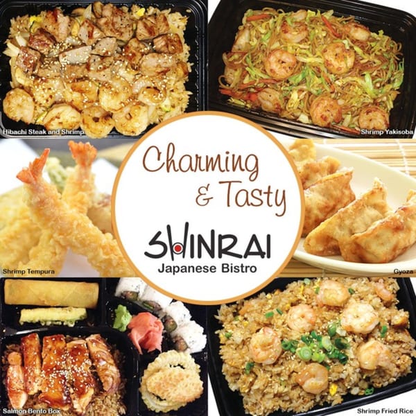 A collage of Shinrai Japanese Bistro dishes, including hibachi steak, shrimp yakisoba, tempura, gyoza, salmon bento, and shrimp fried rice.