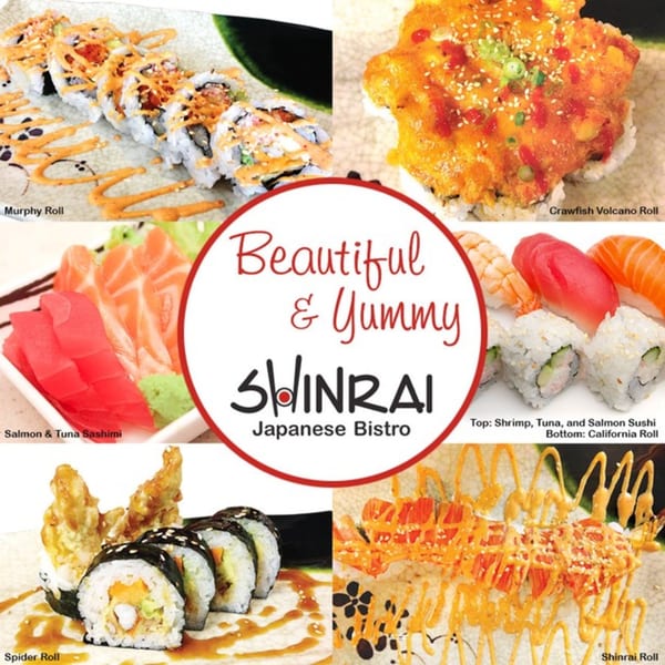 A collage of Shinrai Japanese Bistro's sushi and sashimi dishes, including rolls, sashimi, and nigiri.