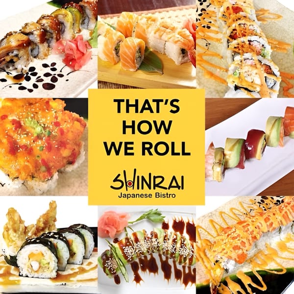 A collage of various Shinrai Japanese Bistro sushi rolls, including dragon, salmon, and spicy tuna.