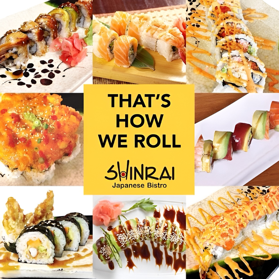 A collage of various Shinrai Japanese Bistro sushi rolls, including dragon, salmon, and spicy tuna.